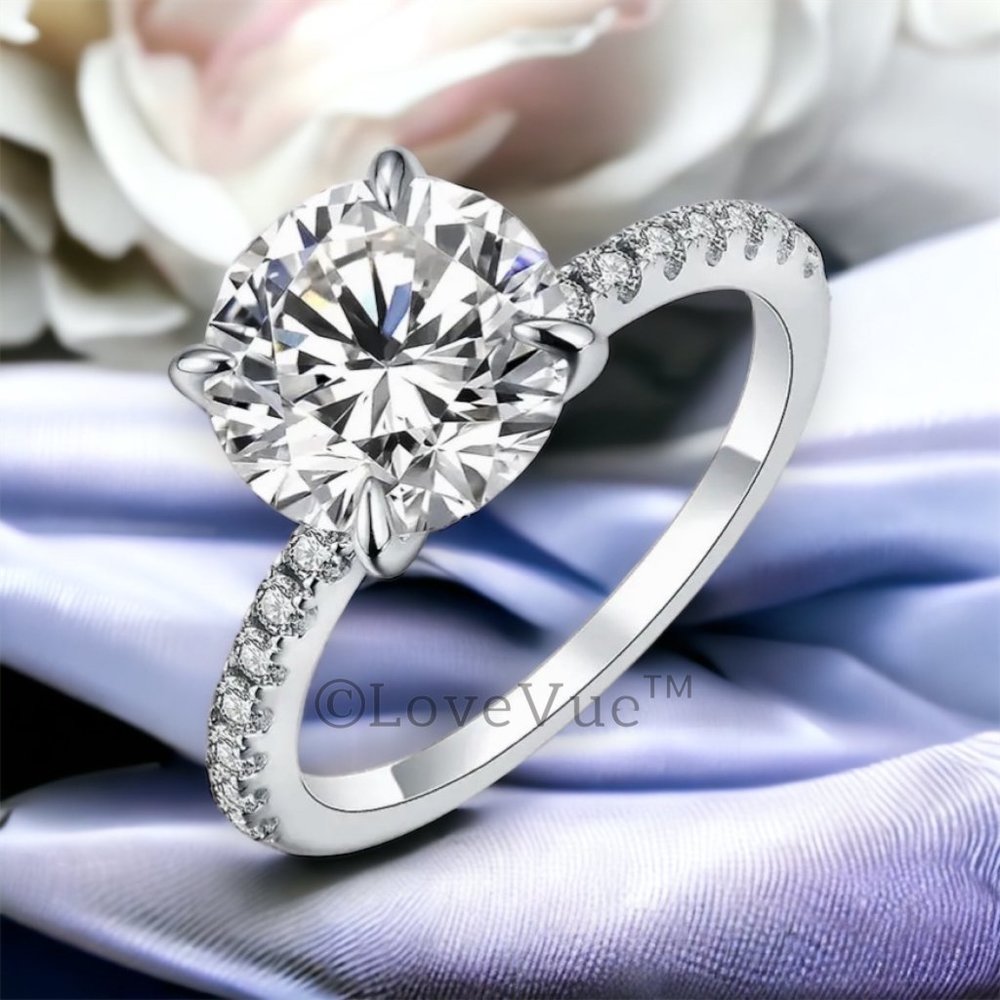 Certified 3ct. t.w. Diamond Moissanite Solitaire Pave Accent Wedding Ring - Picture 1 of 14